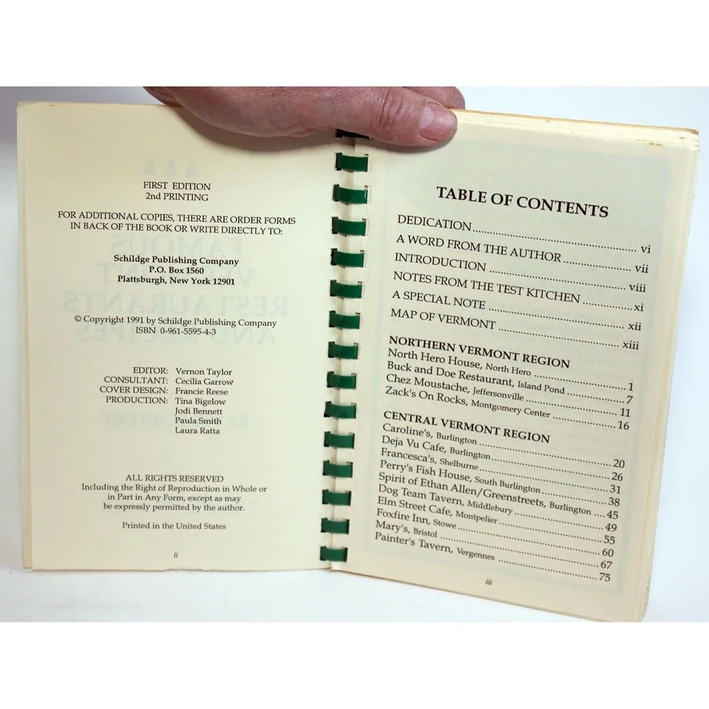 FAMOUS VERMONT RESTAURANTS & RECIPES Sue Schildge 1991 2nd Ed. Spiral Cookbook